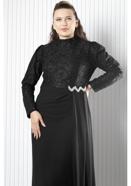 Dantel Şifon Abiye Elbise Siyah FHM958 fiyatları