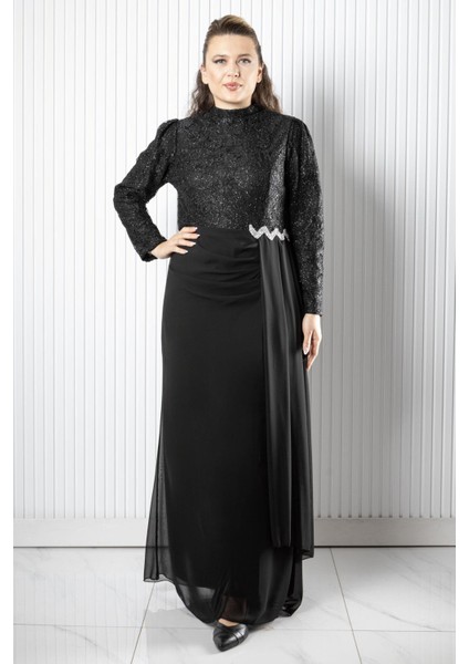 Dantel Şifon Abiye Elbise Siyah FHM958 modelleri