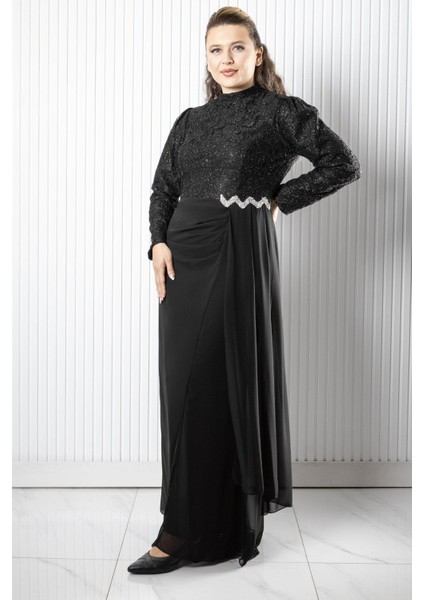 Dantel Şifon Abiye Elbise Siyah FHM958 fırsatları