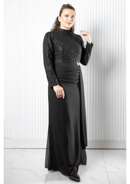 Dantel Şifon Abiye Elbise Siyah FHM958 indirimleri