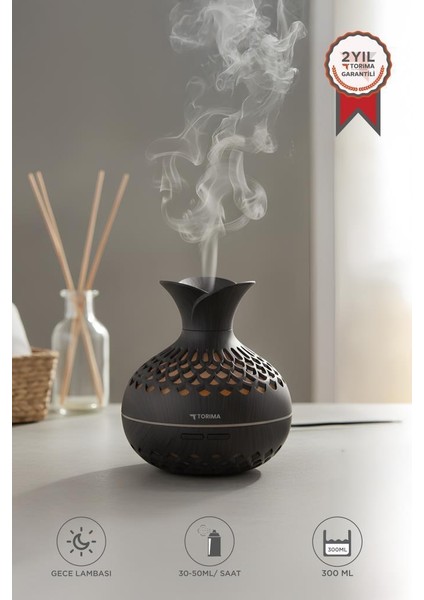 Torıma H15 Koyu Kahve LED Işıklı 300ML Sessiz Ultrasonik Flower Hava Nemlendirici