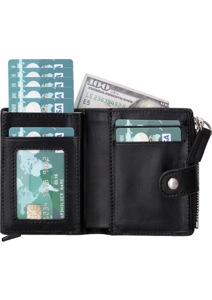 Deri Cüzdan ve Kartlık, Mekanizmalı, 10 Adet Kart Bölmeli, Siyah fırsatları