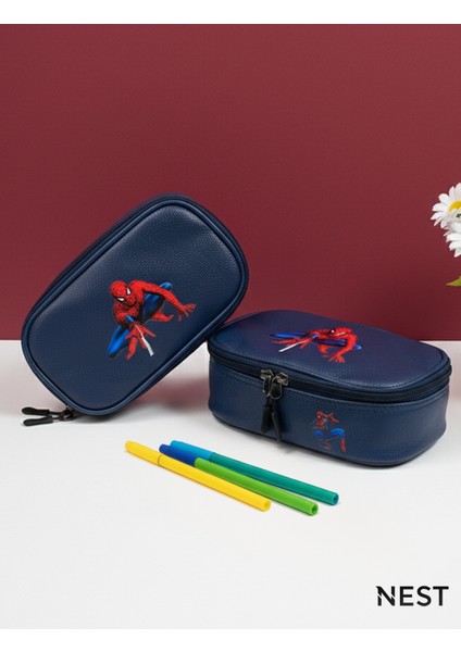 Örümcek Adam Baskılı Sunii Deri Lüks Lacivert Kalem Kutusu Kalemlik Kırtasiye Okul