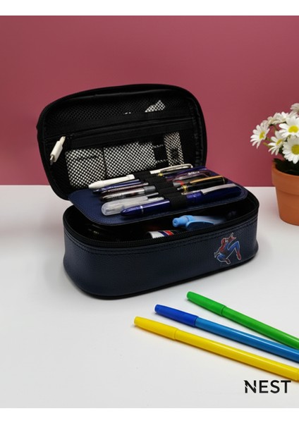 Örümcek Adam Baskılı Sunii Deri Lüks Lacivert Kalem Kutusu Kalemlik Kırtasiye Okul fırsatları