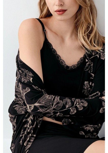 Kadın Siyah Pamuklu Dantel Detaylı Gecelik ve Sabahlık Takım 3441 fiyatları