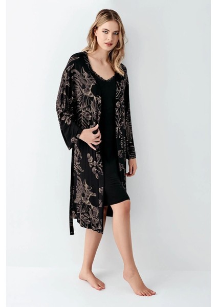 Kadın Siyah Pamuklu Dantel Detaylı Gecelik ve Sabahlık Takım 3441 modelleri