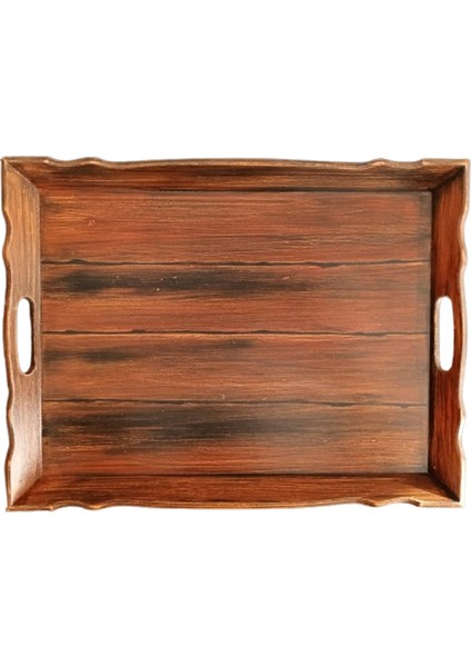 El Boyaması Eskitme Kahve Desenli Ahşap Servis ve Sunum Tepsisi