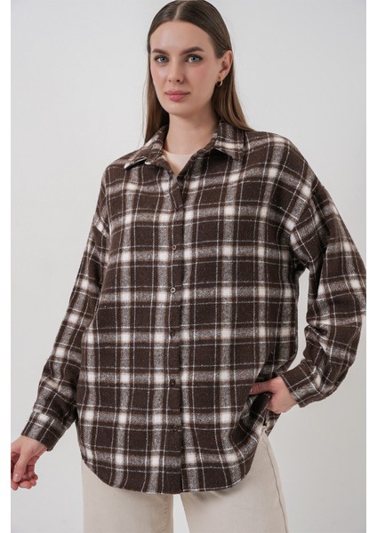 Kadın Ekose Desen Oversize Oduncu Gömlek 3854 C. Kahverengi fiyatları