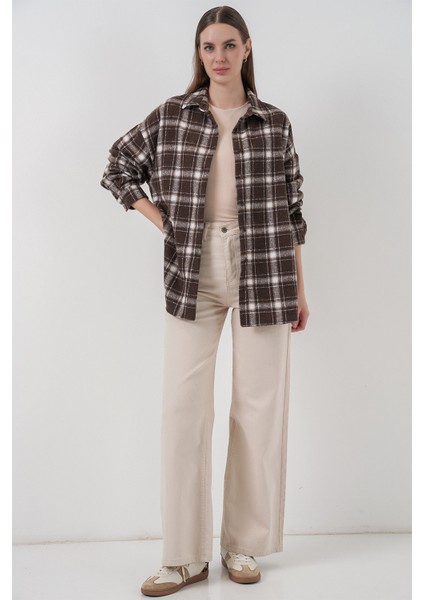 Kadın Ekose Desen Oversize Oduncu Gömlek 3854 C. Kahverengi modelleri