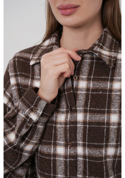 Kadın Ekose Desen Oversize Oduncu Gömlek 3854 C. Kahverengi indirimleri