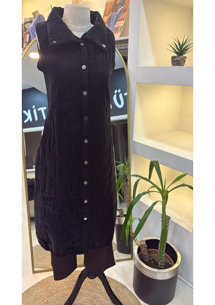 Triko Detaylı Çıtçıtlı Rugan Yelek 7181 Siyah