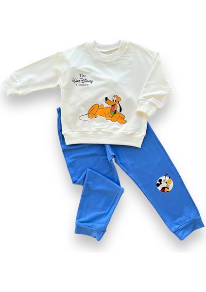 6-9-12-18 Ay Köpek Baskılı Pamuk Penye Kumaş Erkek Bebek Takımı Mavi