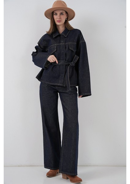 Kadın Ceket Pantolon Kot Ikili Takım 30059 - Koyu Mavi modelleri