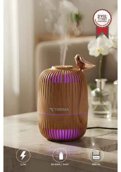 H17 Açık Kahverengi Kuş Detaylı Ahşap Görünümlü 280ML Hava Nemlendirici Buhar Makinesi