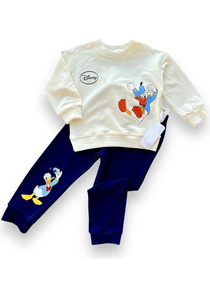 6-9-12-18 Ay Ördek Baskılı Pamuk Penye Kumaş Erkek Bebek Takımı Lacivert