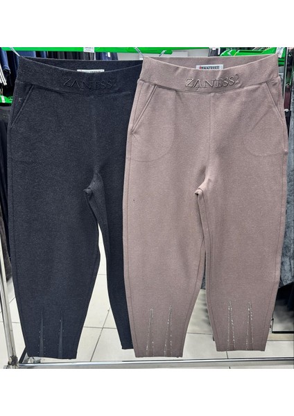 Büyük Beden Lastikli Yüksek Bel Taşlı Mom Likralı Taş Deri Detaylı Kışlık Kaşe Kadın Pantolon indirimleri