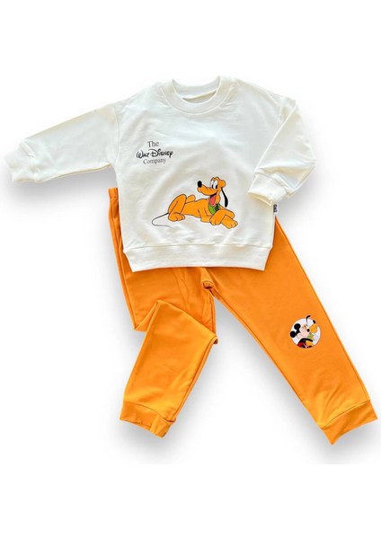 6-9-12-18 Ay Köpek Baskılı Pamuk Penye Kumaş Erkek Bebek Takımı Turuncu