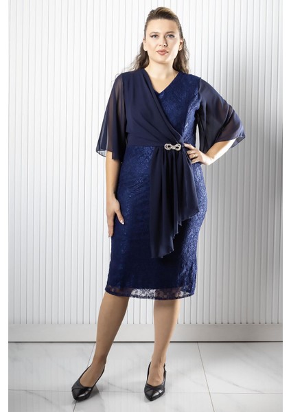Şifon Detaylı Abiye Elbise Lacivert MDV390