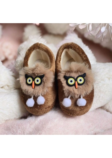 Çocuk Hayvan Figürlü Kahverengi Erkek Kız Unisex Panduf Kışlık Yumuşak Peluş Ev Ayakkabısı