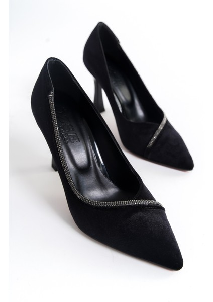 Siyah Kadife Taş Detaylı Yüksek Topuk Stiletto