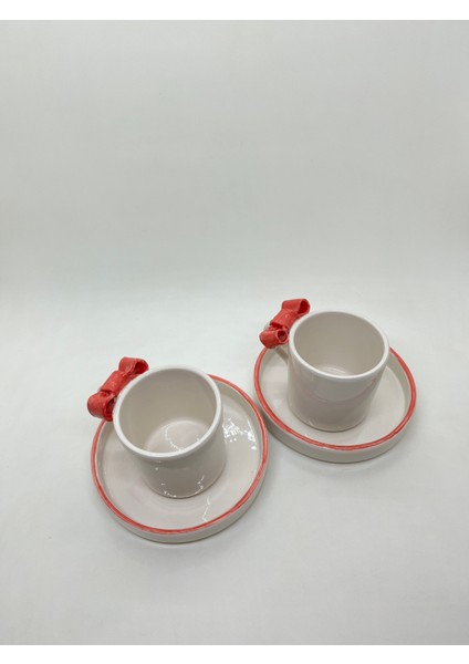 Türk Kahvesi Fincan Takımı 2'li El Yapımı Seramik Fiyonk Desenli 2'li