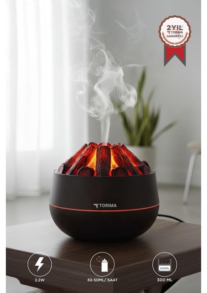Torıma H11 Koyu Kahve Odun Ateşi Efekli 300ML Sessiz Ultrasonik Hava Nemlendirici