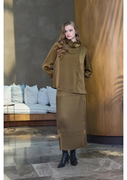 Saten Pliseli Etek Takım 38015 Haki