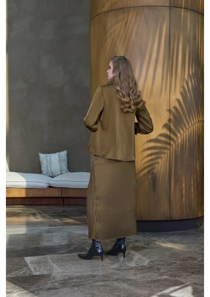 Saten Pliseli Etek Takım 38015 Haki modelleri