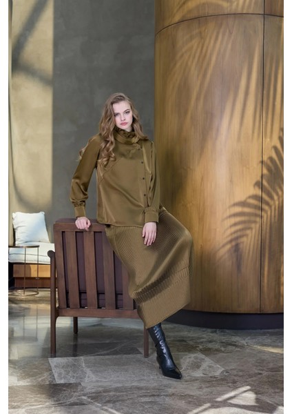 Saten Pliseli Etek Takım 38015 Haki fırsatları