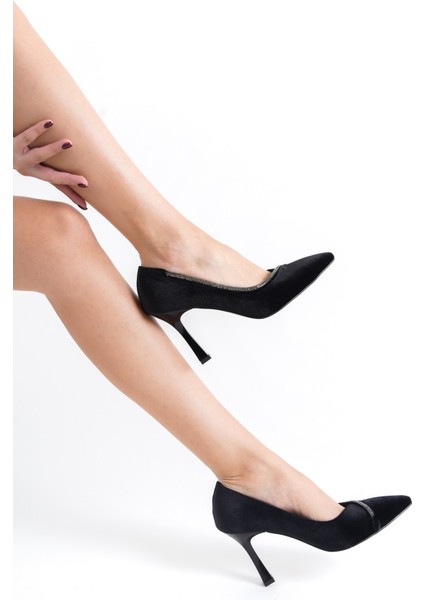 Siyah Kadife Taş Detaylı Yüksek Topuk Stiletto indirimleri