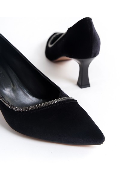 Siyah Kadife Taş Detaylı Alçak Topuk Stiletto fiyatları