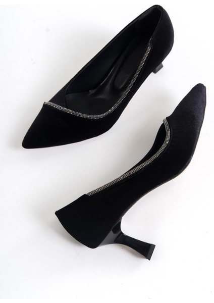 Siyah Kadife Taş Detaylı Alçak Topuk Stiletto modelleri