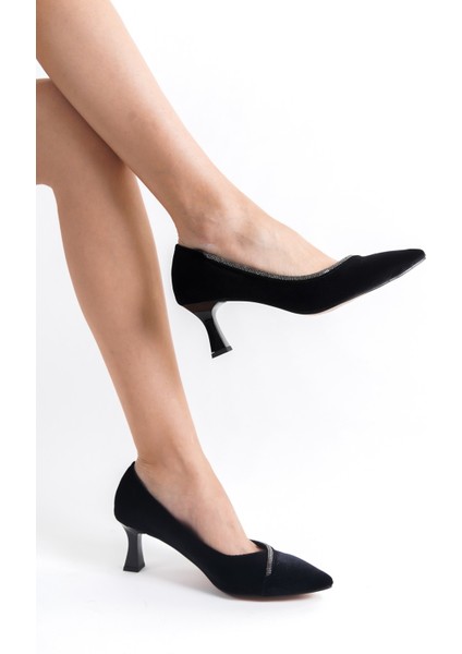 Siyah Kadife Taş Detaylı Alçak Topuk Stiletto indirimleri