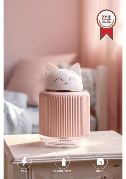 H8 Pembe Sevimli Kedi Figürlü Gece Lambalı 300ML Mini Hava Nemlendirici Buhar Makinesi