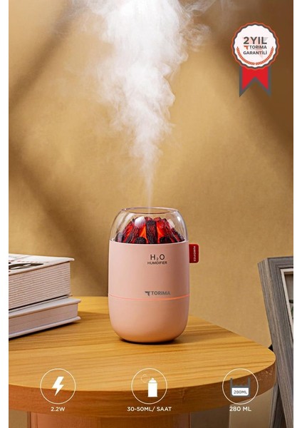 H16 Pembe Odun Ateşi Efekli Hava Nemlendirici Buhar Makinesi 280ML LED Işıklı Sessiz Çalışma
