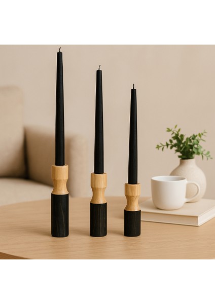 3’lü El Boyaması Siyah Detaylı Ahşap Şamdan Mumluk Seti – Mumlar Dahildir