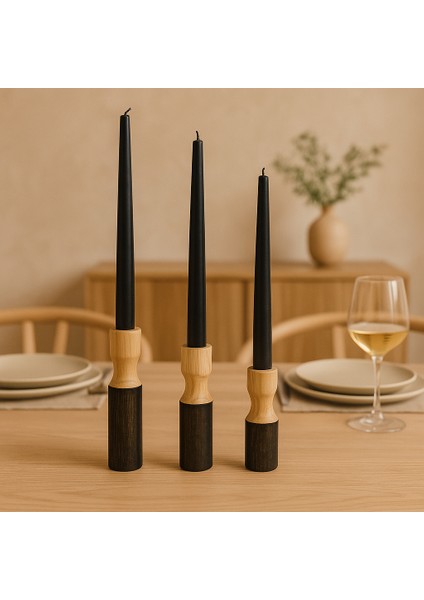 3’lü El Boyaması Siyah Detaylı Ahşap Şamdan Mumluk Seti – Mumlar Dahildir fiyatları
