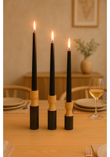 3’lü El Boyaması Siyah Detaylı Ahşap Şamdan Mumluk Seti – Mumlar Dahildir modelleri