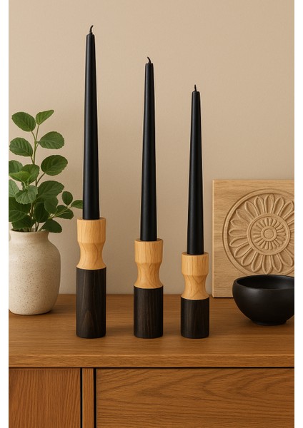 3’lü El Boyaması Siyah Detaylı Ahşap Şamdan Mumluk Seti – Mumlar Dahildir fırsatları