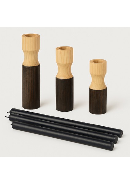 3’lü El Boyaması Siyah Detaylı Ahşap Şamdan Mumluk Seti – Mumlar Dahildir