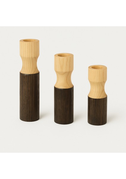 3’lü El Boyaması Siyah Detaylı Ahşap Şamdan Mumluk Seti – Mumlar Dahildir