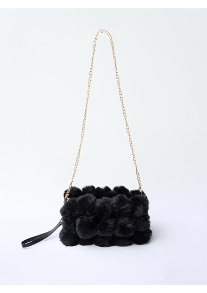 Siyah Metal Zincirli Peluş Omuz Çantası