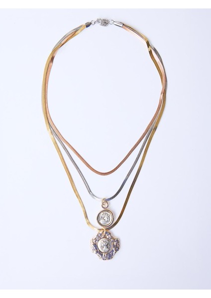 Altın Rengi Üçlü Italyan Zincirli Etnik Desenli Kolye