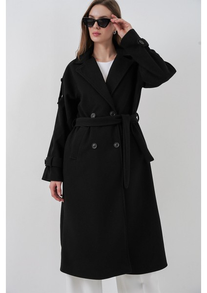 Kadın Kuşaklı Kaşe Kaban 9161 - Siyah