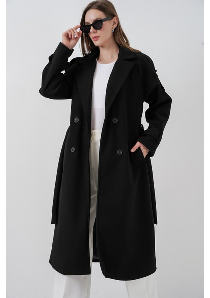 Kadın Kuşaklı Kaşe Kaban 9161 - Siyah fırsatları