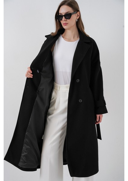 Kadın Kuşaklı Kaşe Kaban 9161 - Siyah indirimleri