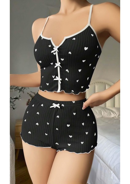 Venüsshopping- Kadın Siyah Kalp Desenli Askılı Şortlu Pijama Takım 6650