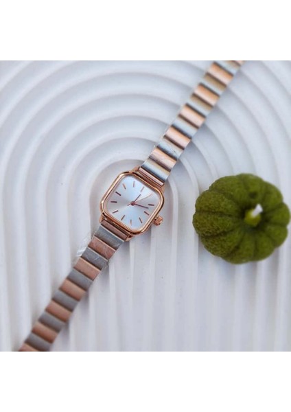 Quartz,Gümüş, Rose, Çift Renk, Metal Kordon, Vintage, Kare , Minimal Çelik, Kadın Kol Saati
