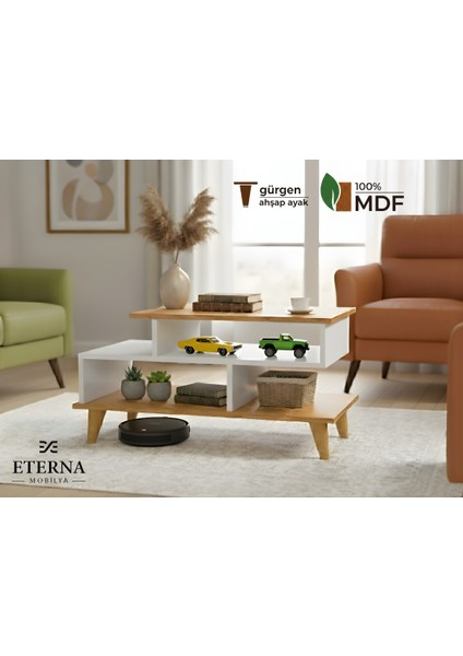 Asima Orta Sehpa | Beyaz- Çam | Tamamı Mdf | Ahşap Ayak | 92 cm