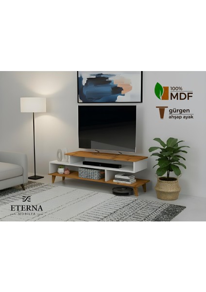 Asima Tv Ünitesi & Orta Sehpa 2'li Set | Beyaz- Çam | Tamamı Mdf | Ahşap Ayak | fiyatları